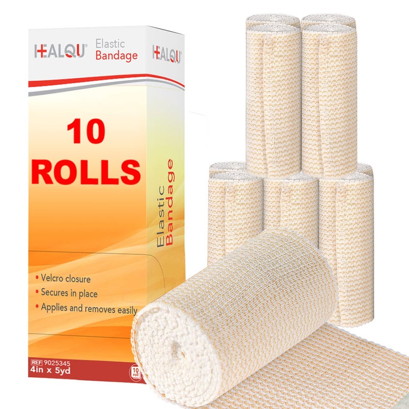 HEALQU Premium Elastic Bandage SelfClosure Compression Wrap for Legs Knees Ankles Wrists Elbows Shoulders 4 Inch by 5 Yards Box of 10 Rolls Athletic Stretchable Bandage Wrap